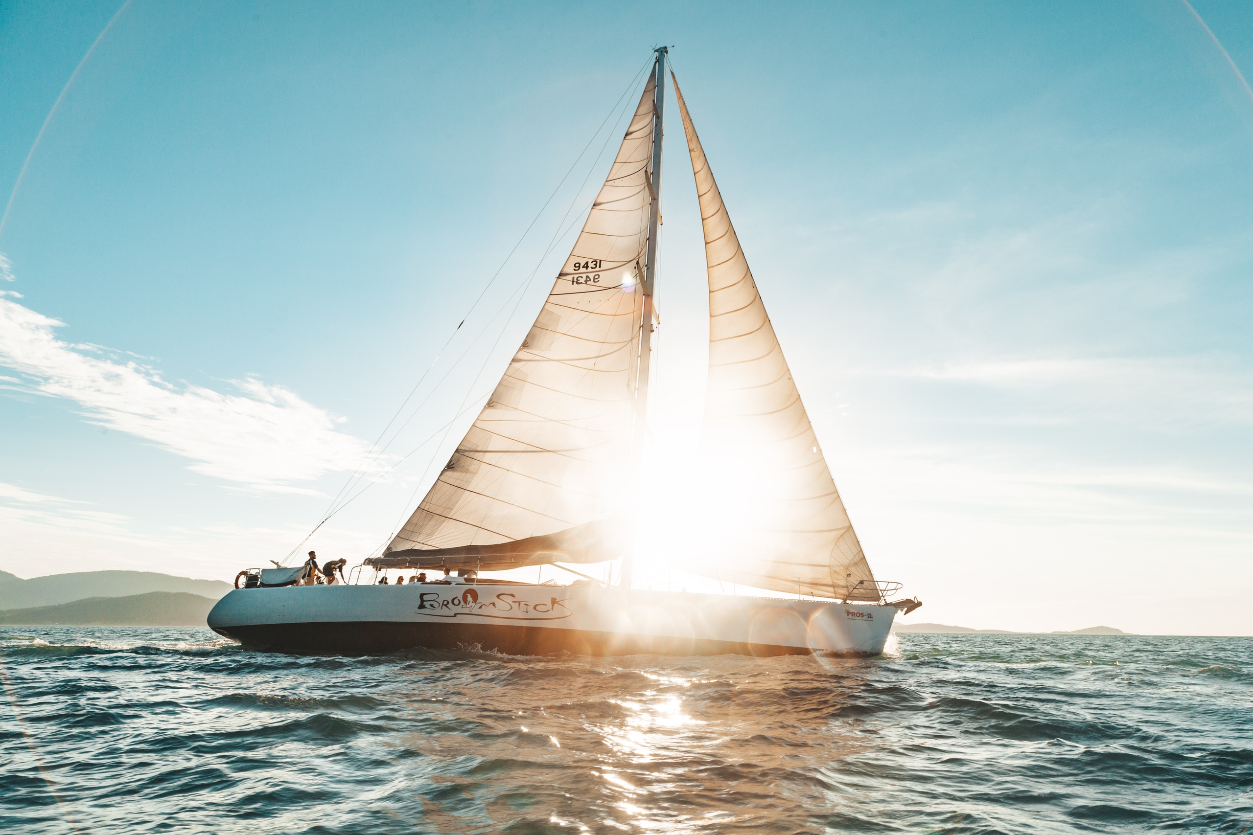 Broomstick sailing yacht sunset Whitsundays