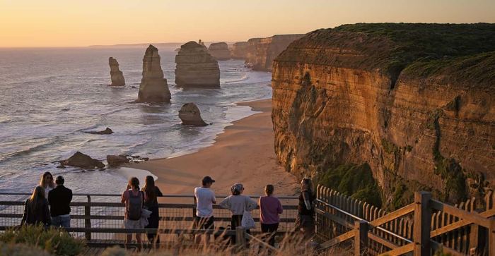 Twelve Apostles rock formations on the Great Ocean Road at sunset